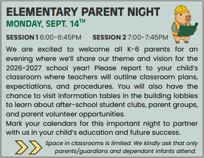 Elementary Parent Info Night - 6pm or 7pm